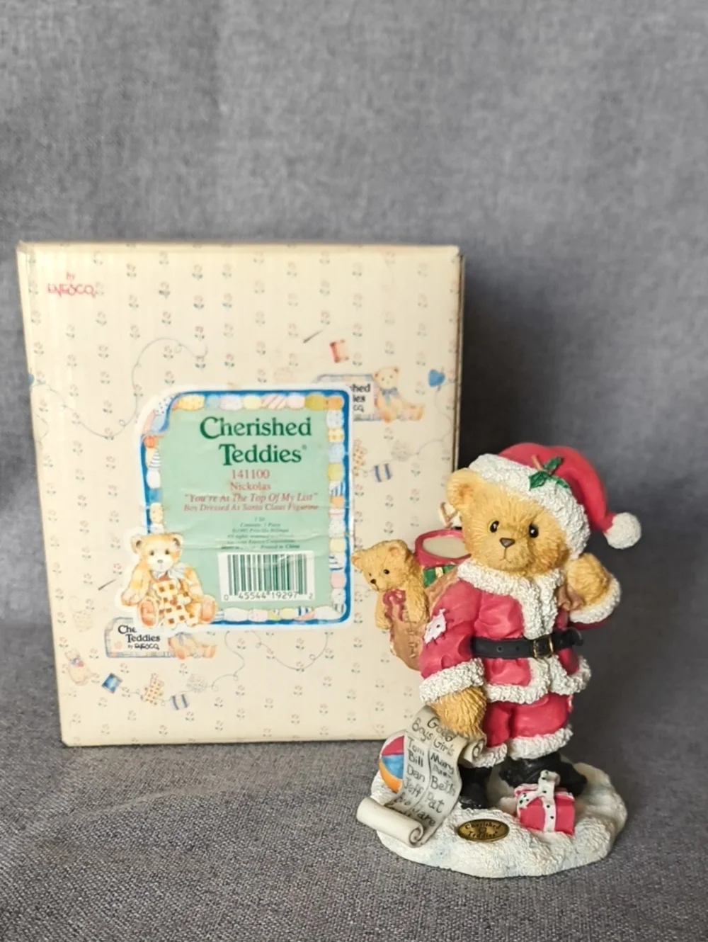 Cherished Teddies Santa Bear in Red and White Holiday Outfit